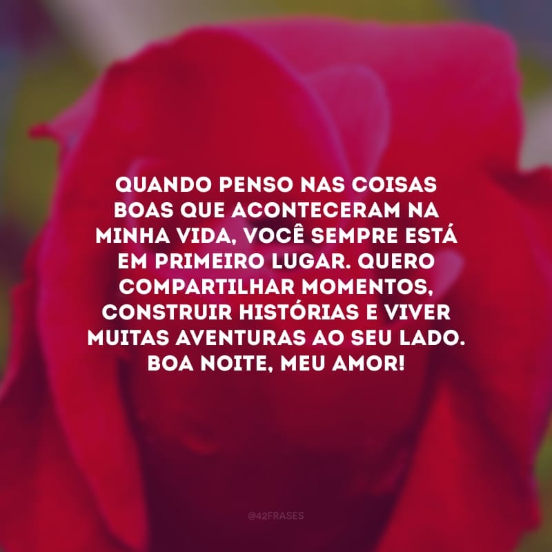 Quando penso nas coisas boas que aconteceram na minha vida, você sempre está em primeiro lugar. Quero compartilhar momentos, construir histórias e viver muitas aventuras ao seu lado. Boa noite, meu amor!