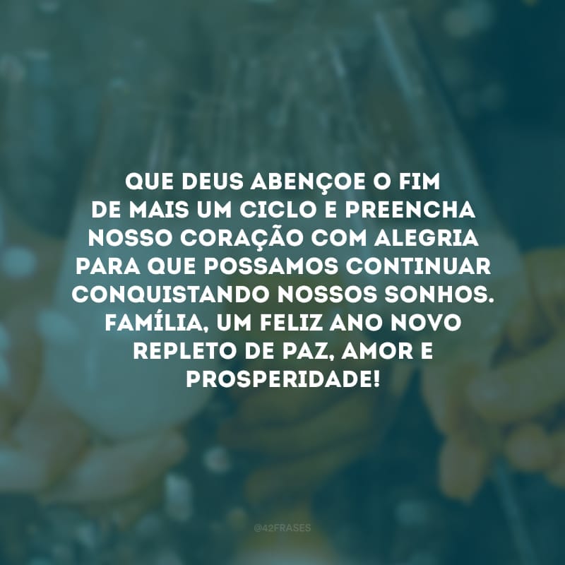 Que Deus abençoe o fim de mais um ciclo e preencha nosso coração com alegria para que possamos continuar conquistando nossos sonhos. Família, um Feliz Ano Novo repleto de paz, amor e prosperidade!