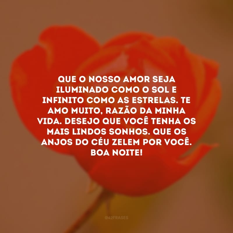 Que o nosso amor seja iluminado como o sol e infinito como as estrelas. Te amo muito, razão da minha vida. Desejo que você tenha os mais lindos sonhos. Que os anjos do céu zelem por você. Boa noite!