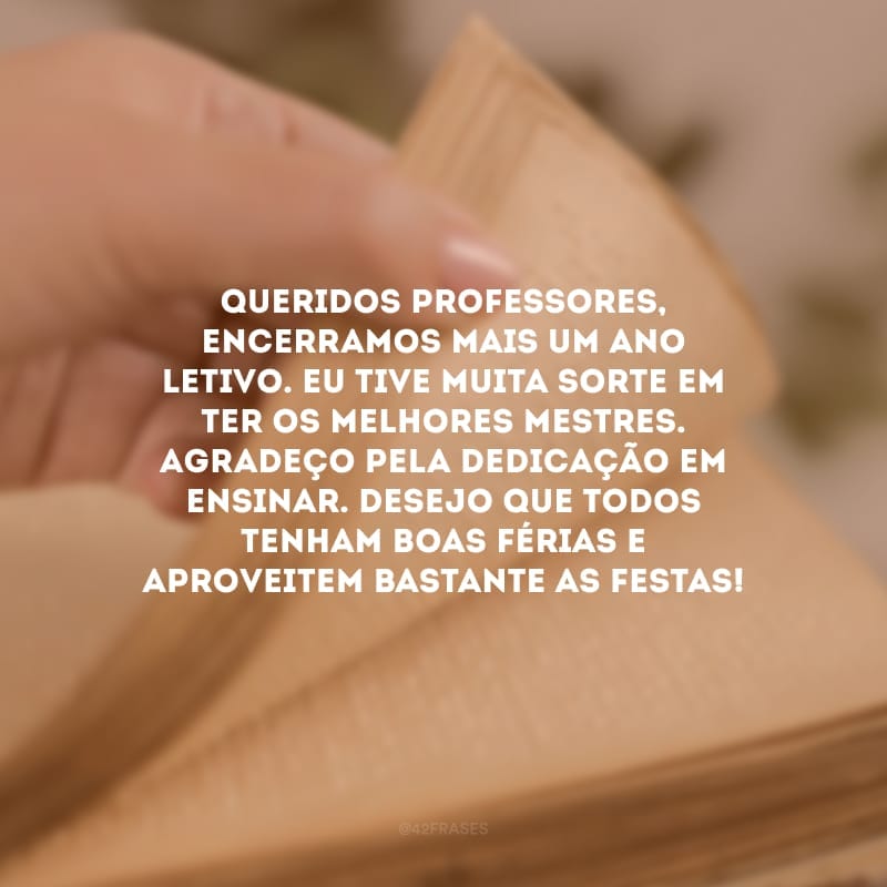 Queridos professores, encerramos mais um ano letivo. Eu tive muita sorte em ter os melhores mestres. Agradeço pela dedicação em ensinar. Desejo que todos tenham boas férias e aproveitem bastante as festas!