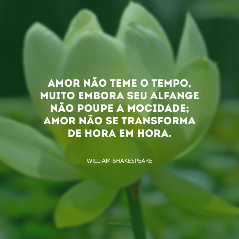 Amor não teme o tempo, muito embora seu alfange não poupe a mocidade; amor não se transforma de hora em hora. 