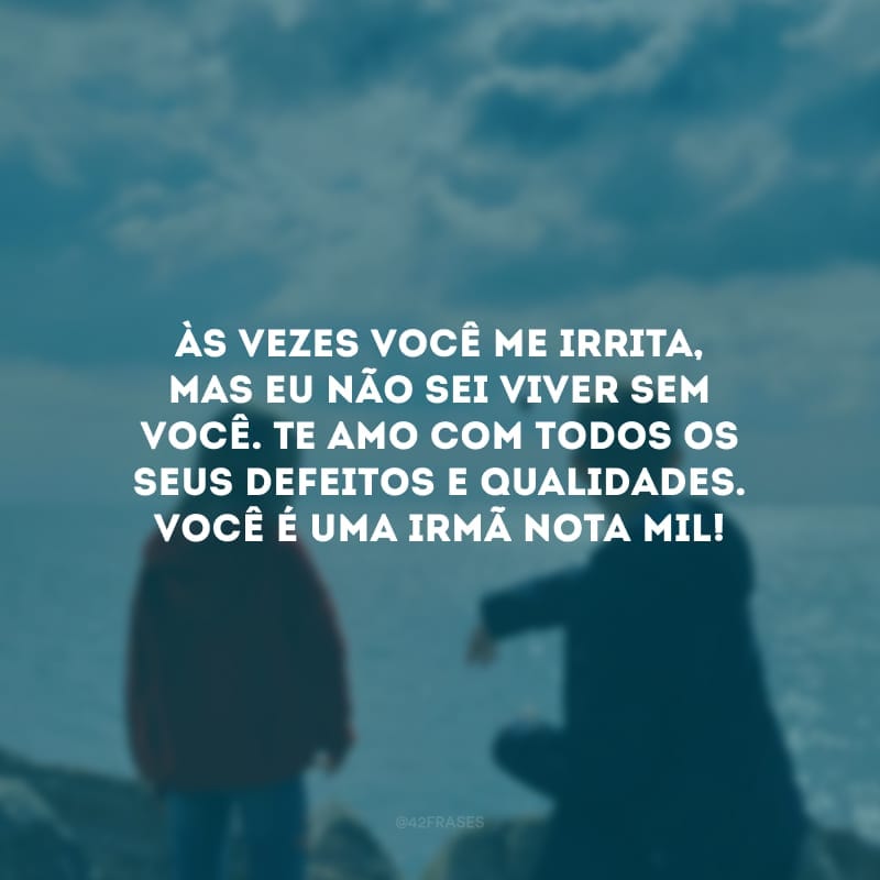 Às vezes você me irrita, mas eu não sei viver sem você. Te amo com todos os seus defeitos e qualidades. Você é uma irmã nota mil!