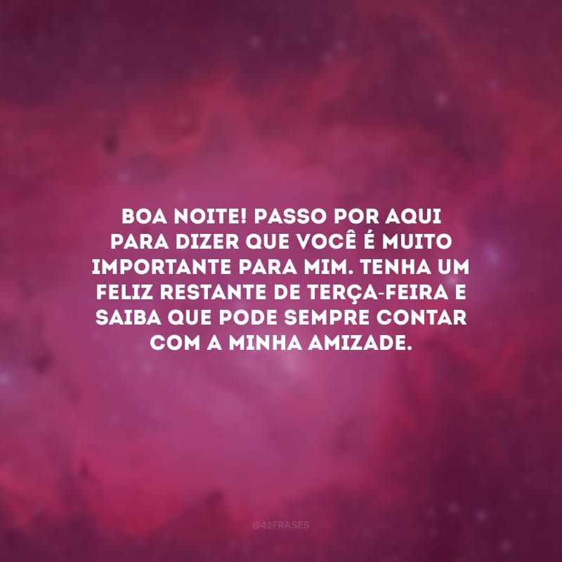 Boa noite! Passo por aqui para dizer que você é muito importante para mim. Tenha um feliz restante de terça-feira e saiba que pode sempre contar com a minha amizade.