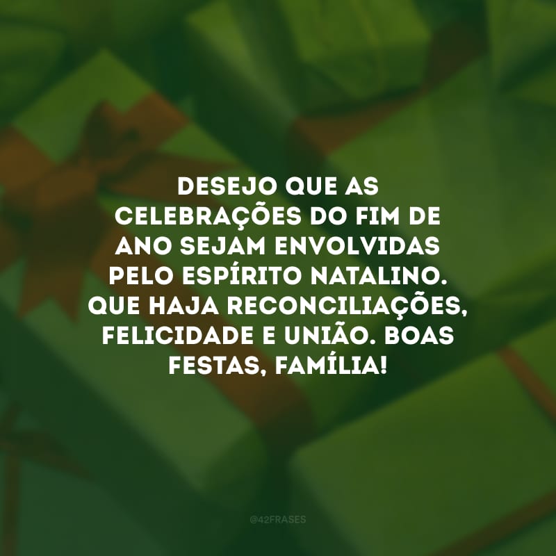 Desejo que as celebrações do fim de ano sejam envolvidas pelo espírito natalino. Que haja reconciliações, felicidade e união. Boas Festas, família!