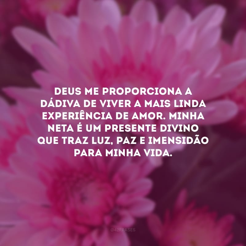 Deus me proporciona a dádiva de viver a mais linda experiência de amor. Minha neta é um presente divino que traz luz, paz e imensidão para minha vida.