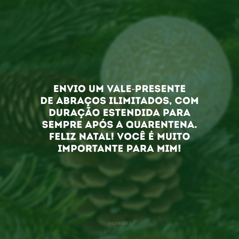 Envio um vale-presente de abraços ilimitados, com duração estendida para sempre após a quarentena. Feliz Natal! Você é muito importante para mim!