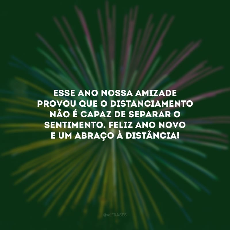 Esse ano nossa amizade provou que o distanciamento não é capaz de separar o sentimento. Feliz Ano Novo e um abraço à distância!