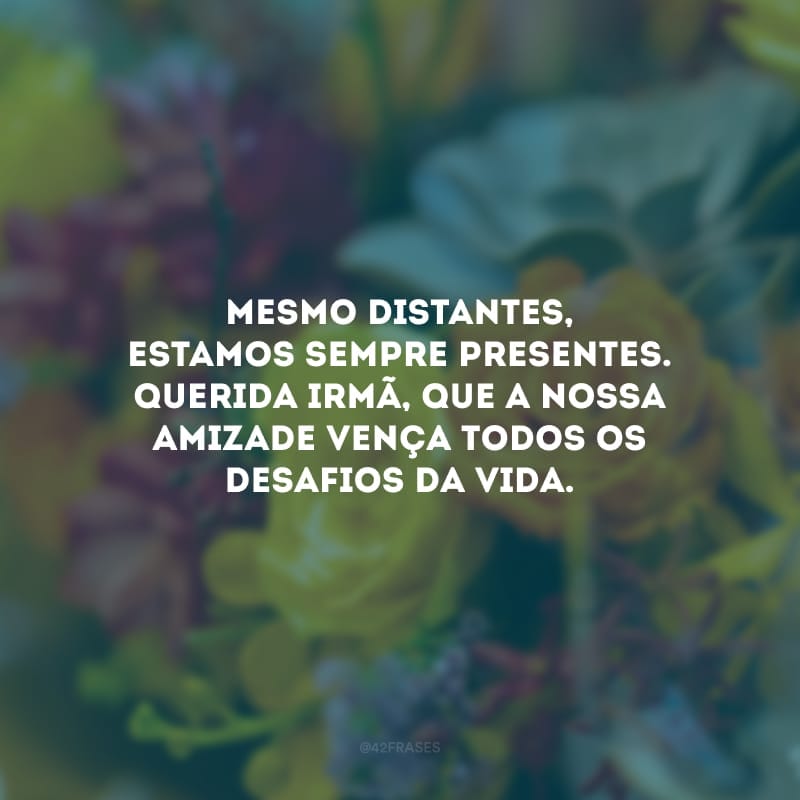 Mesmo distantes, estamos sempre presentes. Querida irmã, que a nossa amizade vença todos os desafios da vida. Um abraço cheio de saudade!