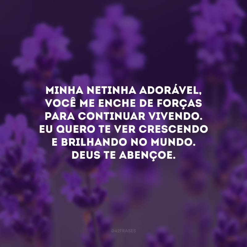 Minha netinha adorável, você me enche de forças para continuar vivendo. Eu quero te ver crescendo e brilhando no mundo. Deus te abençoe.