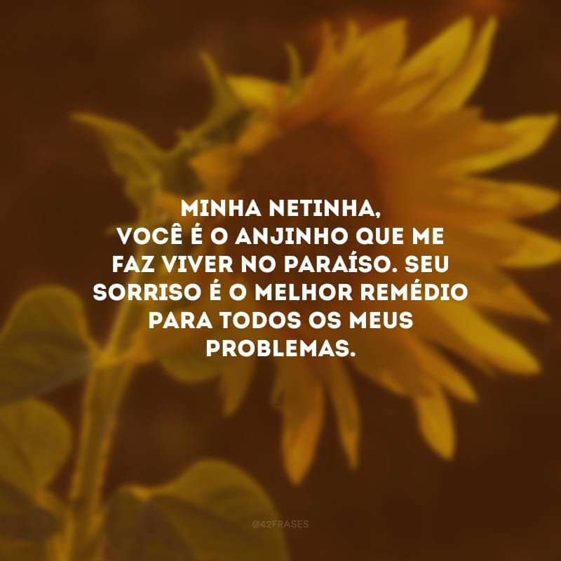 Minha netinha, você é o anjinho que me faz viver no paraíso. Seu sorriso é o melhor remédio para todos os meus problemas.