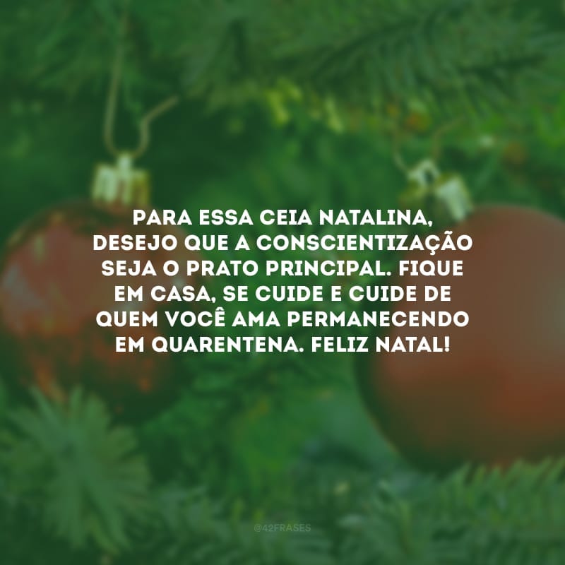 Para essa ceia natalina, desejo que a conscientização seja o prato principal. Fique em casa, se cuide e cuide de quem você ama permanecendo em quarentena. Feliz Natal!