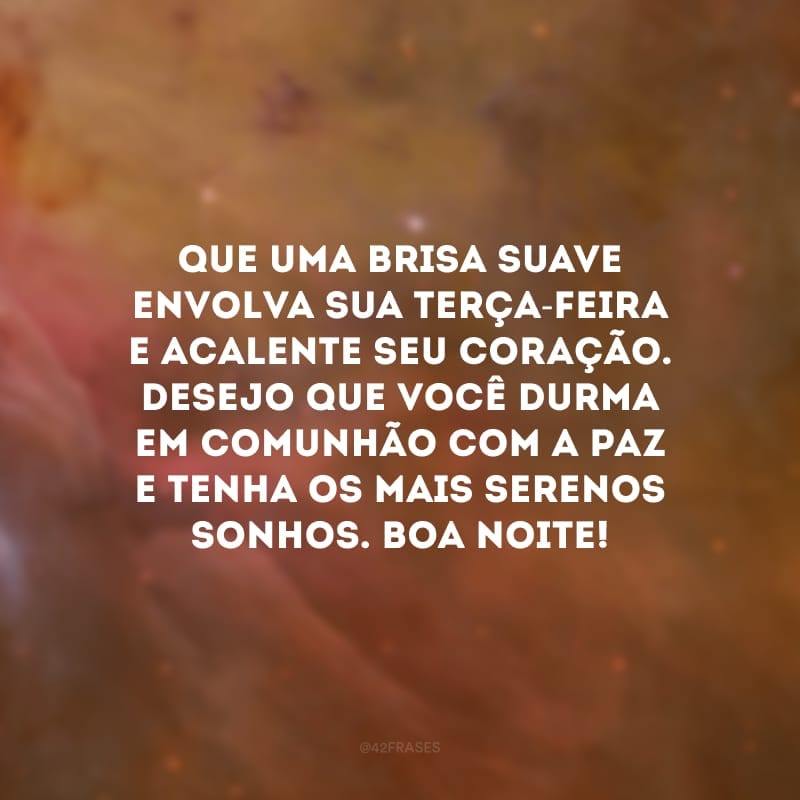 Que uma brisa suave envolva sua terça-feira e acalente seu coração. Desejo que você durma em comunhão com a paz e tenha os mais serenos sonhos. Boa noite!