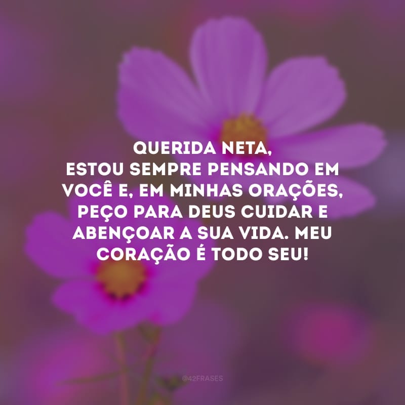 Querida neta, estou sempre pensando em você e, em minhas orações, peço para Deus cuidar e abençoar a sua vida. Meu coração é todo seu!