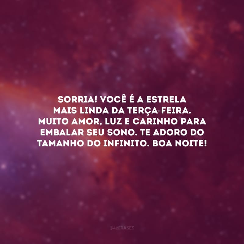 Sorria! Você é a estrela mais linda da terça-feira. Muito amor, luz e carinho para embalar seu sono. Te adoro do tamanho do infinito. Boa noite!