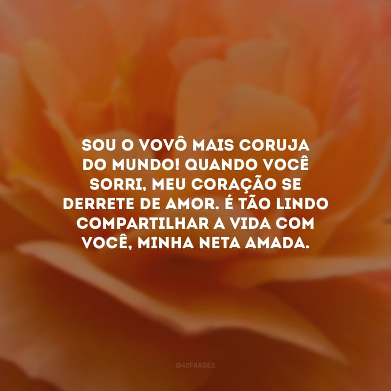 Sou o vovô mais coruja do mundo! Quando você sorri, meu coração se derrete de amor. É tão lindo compartilhar a vida com você, minha neta amada.