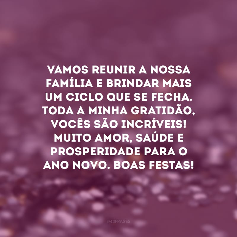 Vamos reunir a nossa família e brindar mais um ciclo que se fecha. Toda a minha gratidão, vocês são incríveis! Muito amor, saúde e prosperidade para o Ano Novo. Boas Festas!