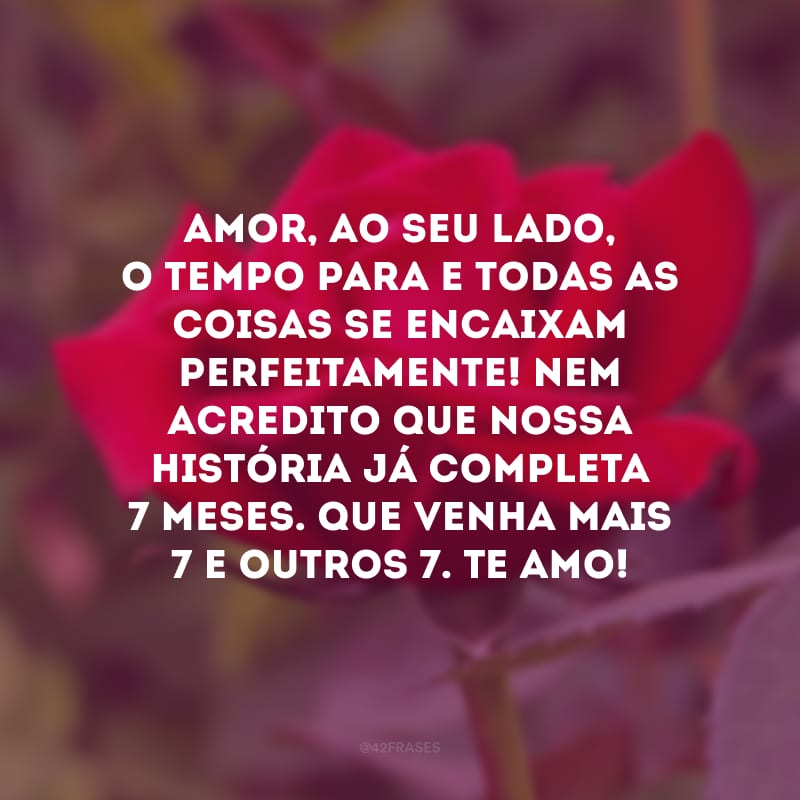 Amor, ao seu lado, o tempo para e todas as coisas se encaixam perfeitamente! Nem acredito que nossa história já completa 7 meses. Que venha mais 7 e outros 7. Te amo!