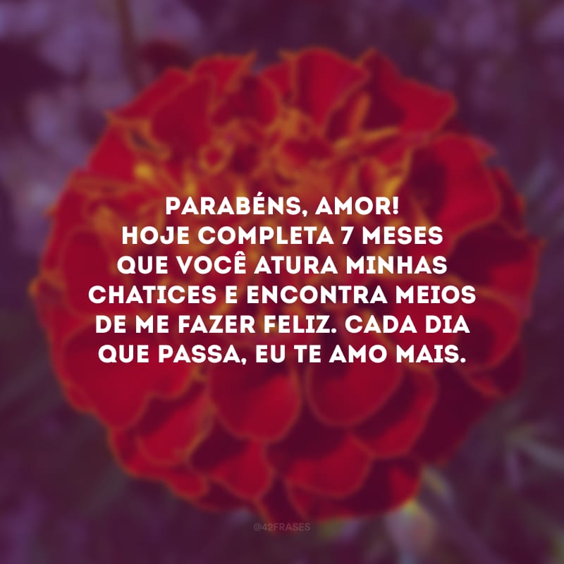 Parabéns, amor! Hoje completa 7 meses que você atura minhas chatices e encontra meios de me fazer feliz. Cada dia que passa, eu te amo mais.