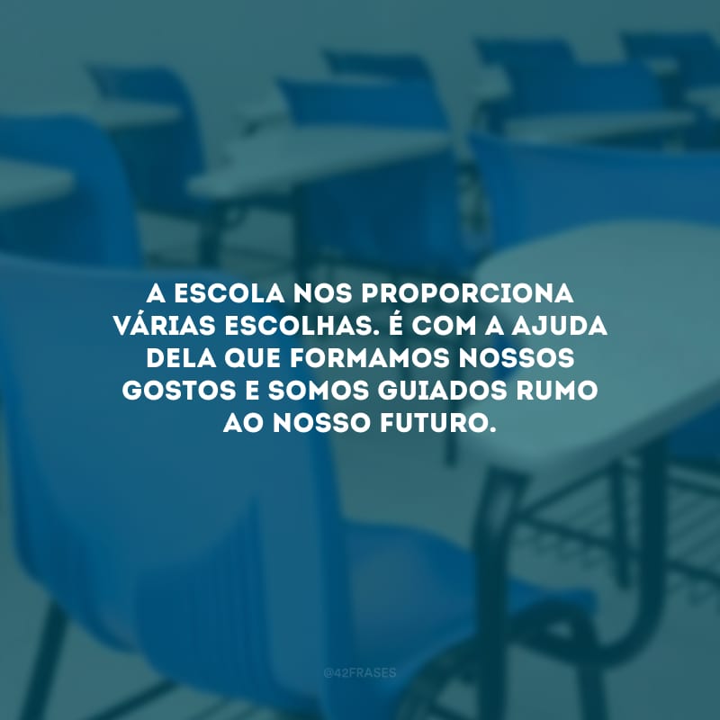 A escola nos proporciona várias escolhas. É com a ajuda dela que formamos nossos gostos e somos guiados rumo ao nosso futuro.