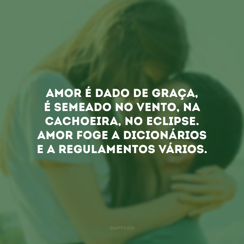 Amor é dado de graça, é semeado no vento, na cachoeira, no eclipse. Amor foge a dicionários e a regulamentos vários.