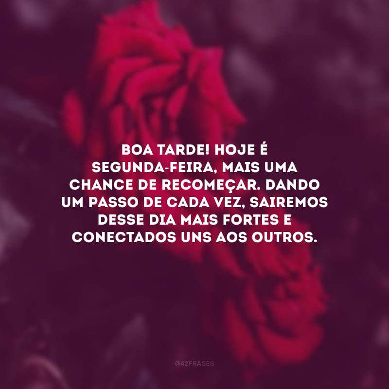 Boa tarde! Hoje é segunda-feira, mais uma chance de recomeçar. Dando um passo de cada vez, sairemos desse dia mais fortes e conectados uns aos outros.