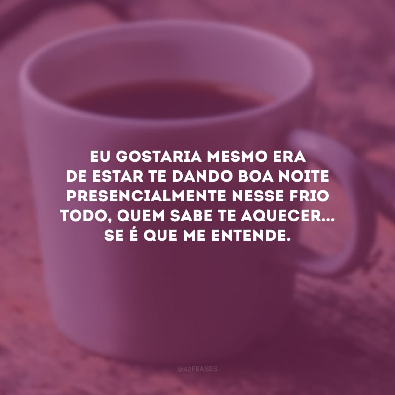 Eu gostaria mesmo era de estar te dando boa noite presencialmente nesse frio todo, quem sabe te aquecer... Se é que me entende. 