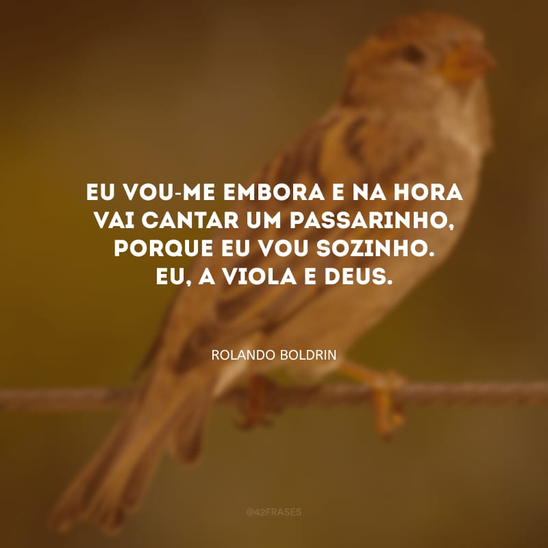 Eu vou-me embora e na hora vai cantar um passarinho, porque eu vou sozinho. Eu, a viola e Deus.