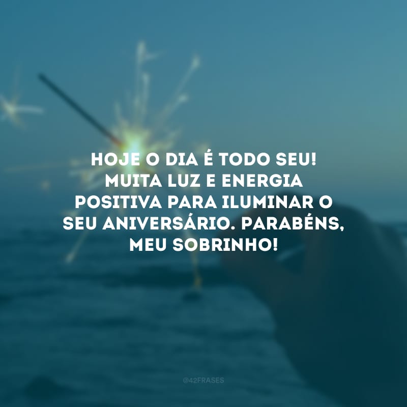 Hoje o dia é todo seu! Muita luz e energia positiva para iluminar o seu aniversário. Parabéns, meu sobrinho!