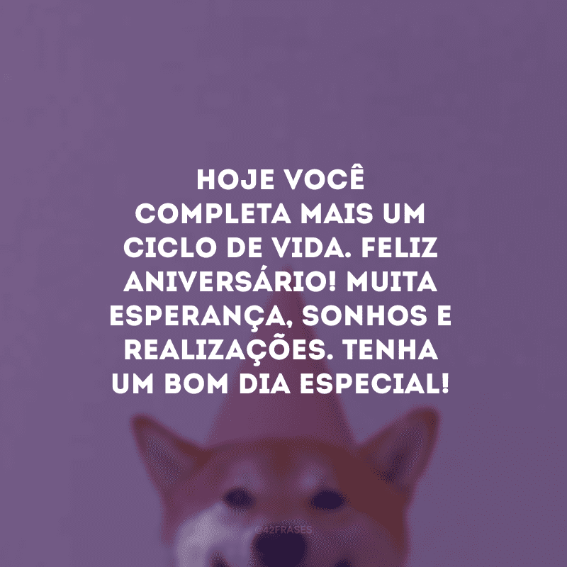 Hoje você completa mais um ciclo de vida. Feliz aniversário! Muita esperança, sonhos e realizações. Tenha um bom dia especial!