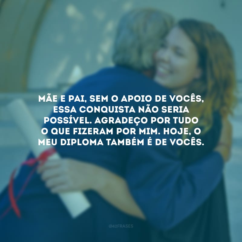 Mãe e pai, sem o apoio de vocês, essa conquista não seria possível. Agradeço por tudo o que fizeram por mim. Hoje, o meu diploma também é de vocês.