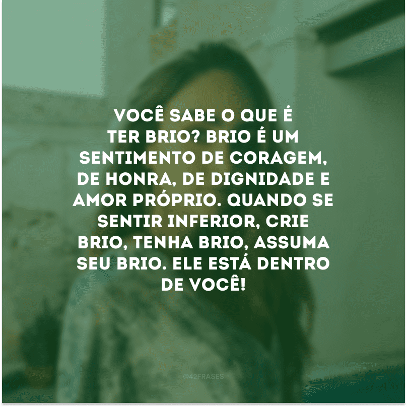 Você sabe o que é ter brio? Brio é um sentimento de coragem, de honra, de dignidade e amor-próprio. Quando se sentir inferior, crie brio, tenha brio, assuma seu brio. Ele está dentro de você!