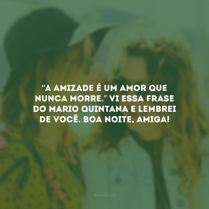 “A amizade é um amor que nunca morre.” Vi essa frase do Mario Quintana e lembrei de você. Boa noite, amiga!
