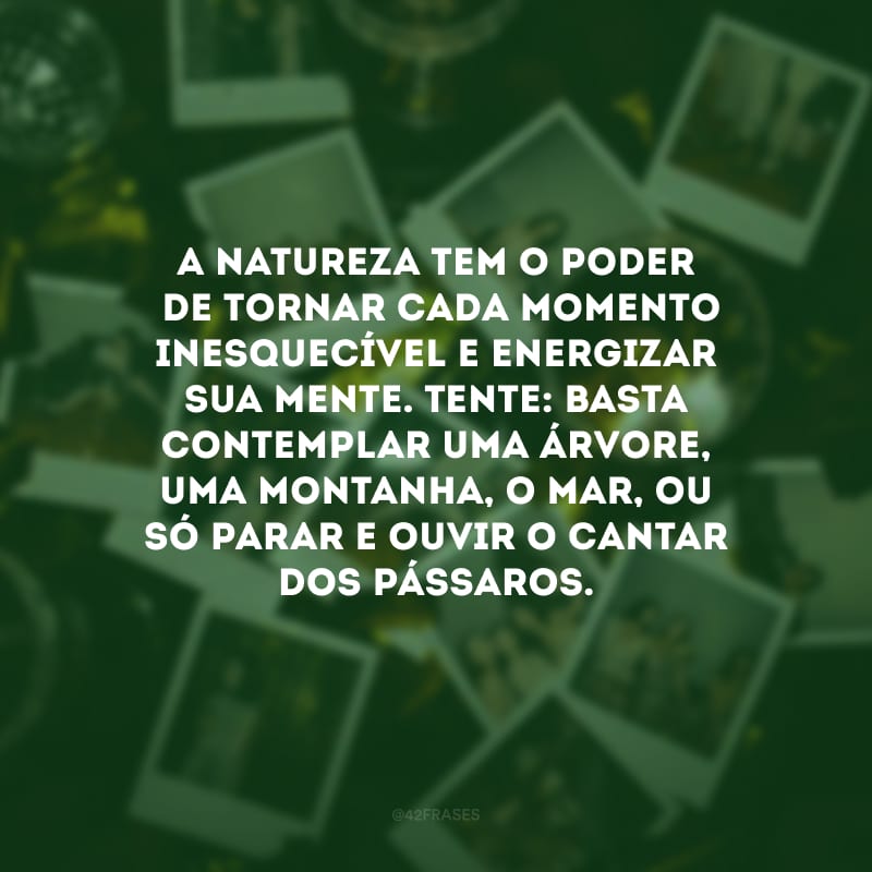 A natureza tem o poder de tornar cada momento inesquecível e energizar sua mente. Tente: basta contemplar uma árvore, uma montanha, o mar, ou só parar e ouvir o cantar dos pássaros.