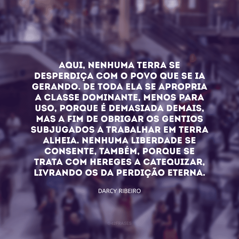 Aqui, nenhuma terra se desperdiça com o povo que se ia gerando. De toda ela se apropria a classe dominante, menos para uso, porque é demasiada demais, mas a fim de obrigar os gentios subjugados a trabalhar em terra alheia. Nenhuma liberdade se consente, também, porque se trata com hereges a catequizar, livrando‐os da perdição eterna.