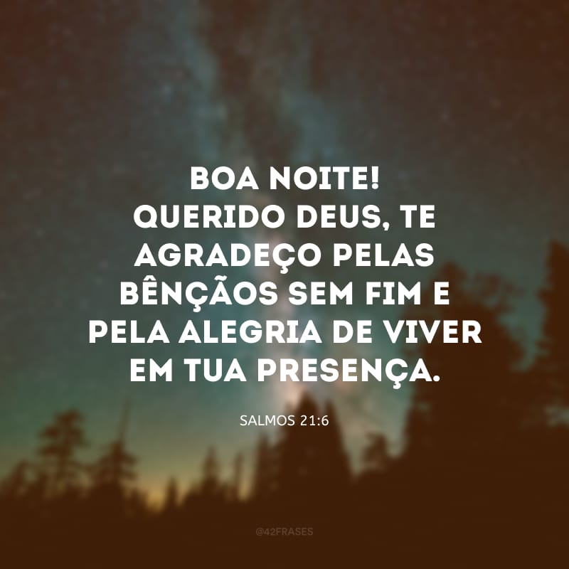 Boa noite! Querido Deus, te agradeço pelas bênçãos sem fim e pela alegria de viver em Tua presença. 