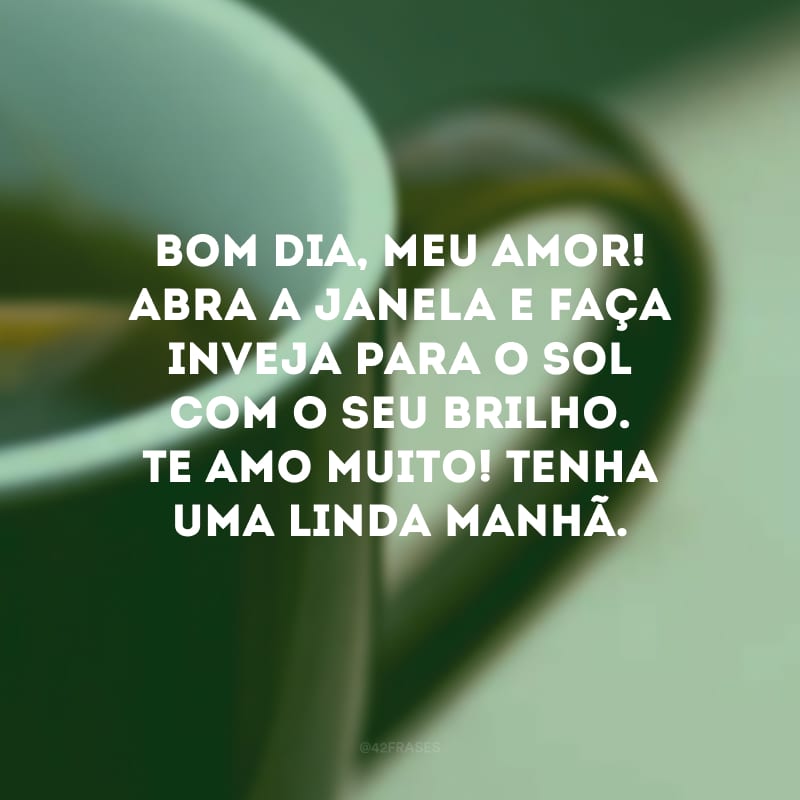 Bom dia, meu amor! Abra a janela e faça inveja para o sol com o seu brilho. Te amo muito! Tenha uma linda manhã.