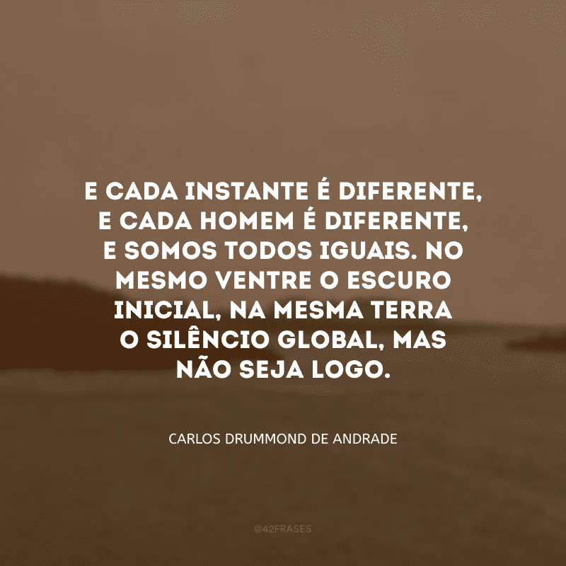 E cada instante é diferente, e cada homem é diferente, e somos todos iguais. No mesmo ventre o escuro inicial, na mesma terra o silêncio global, mas não seja logo.