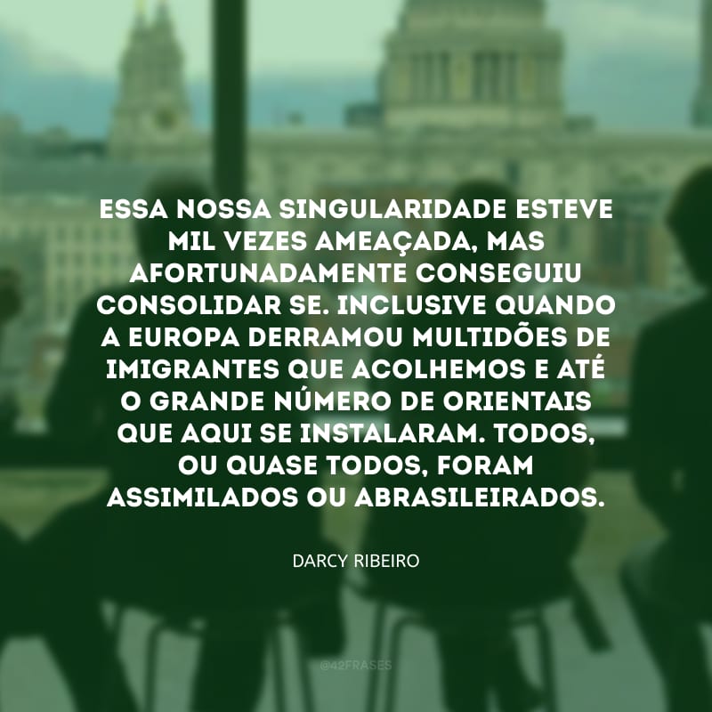 Essa nossa singularidade esteve mil vezes ameaçada, mas afortunadamente conseguiu consolidar-se. Inclusive quando a Europa derramou multidões de imigrantes que acolhemos e até o grande número de orientais que aqui se instalaram. Todos, ou quase todos, foram assimilados ou abrasileirados.