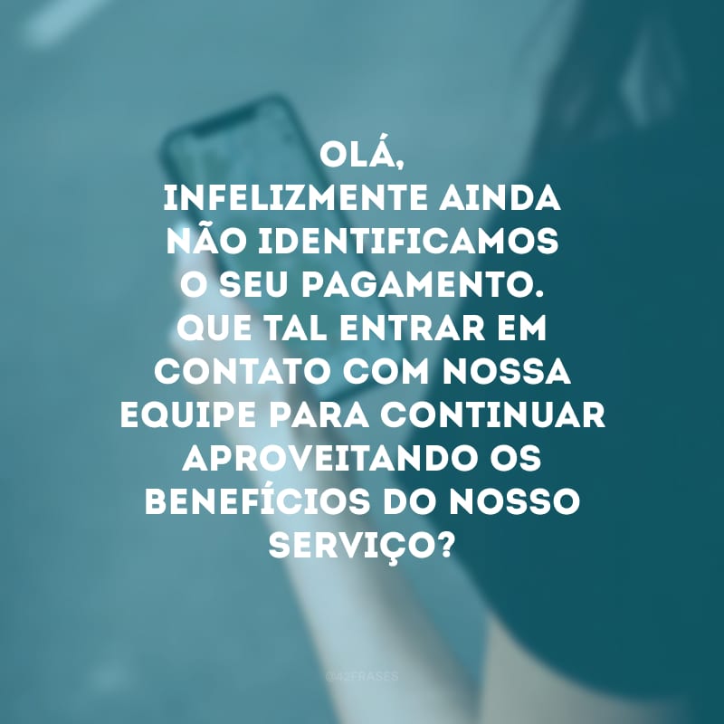 Olá, infelizmente ainda não identificamos o seu pagamento. Que tal entrar em contato com nossa equipe para continuar aproveitando os benefícios do nosso serviço?