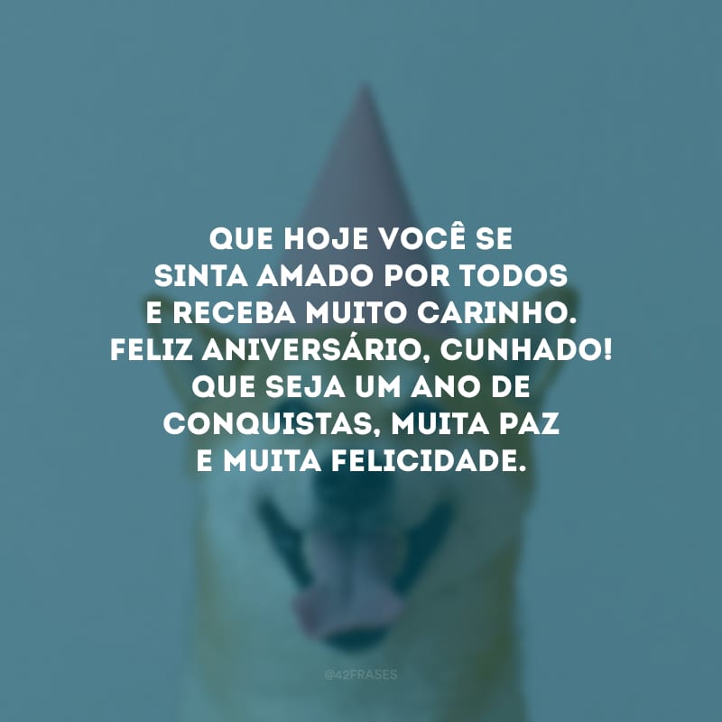 Que hoje você se sinta amado por todos e receba muito carinho. Feliz aniversário, cunhado! Que seja um ano de conquistas, muita paz e muita felicidade.