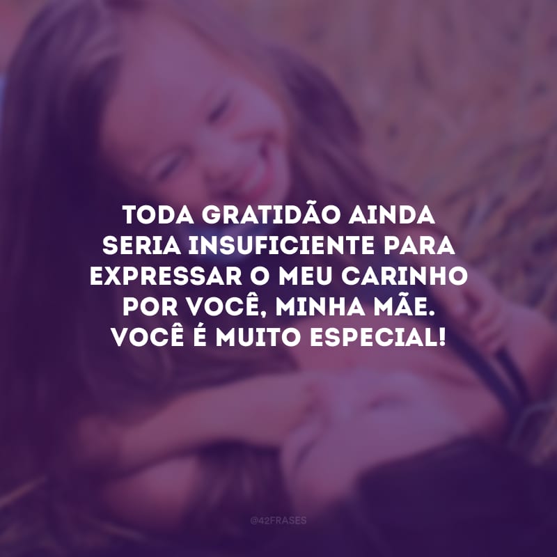 Toda gratidão ainda seria insuficiente para expressar o meu carinho por você, minha mãe. Você é muito especial!