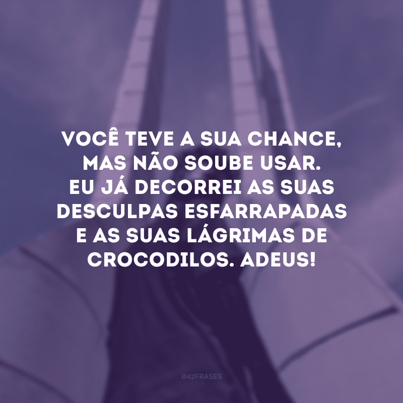 Você teve a sua chance, mas não soube usar. Eu já decorrei as suas desculpas esfarrapadas e as suas lágrimas de crocodilos. Adeus!