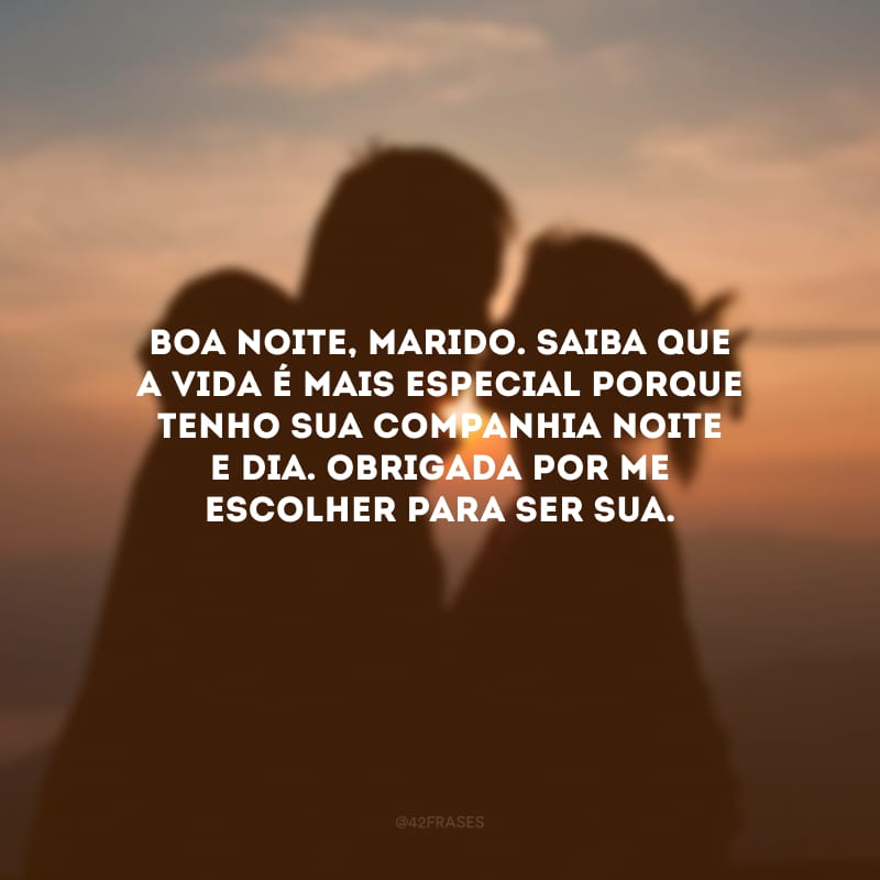 Boa noite, marido. Saiba que a vida é mais especial porque tenho sua companhia noite e dia. Obrigada por me escolher para ser sua.