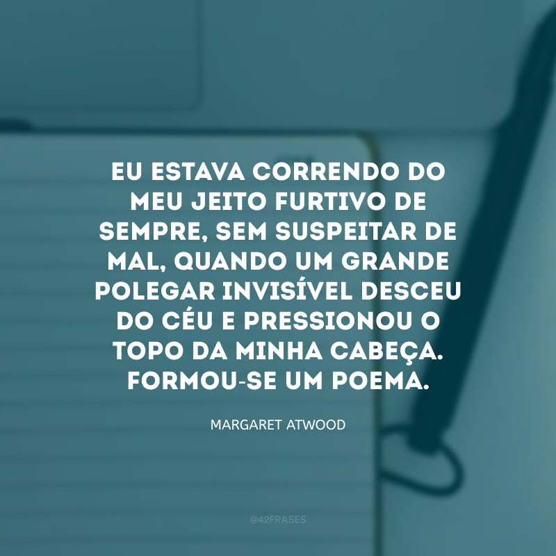 Eu estava correndo do meu jeito furtivo de sempre, sem suspeitar de mal, quando um grande polegar invisível desceu do céu e pressionou o topo da minha cabeça. Formou-se um poema.