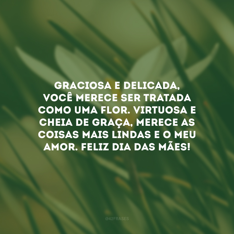 Graciosa e delicada, você merece ser tratada como uma flor. Virtuosa e cheia de graça, merece as coisas mais lindas e o meu amor. Feliz Dia das Mães!