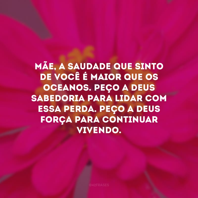 Mãe, a saudade que sinto de você é maior que os oceanos. Peço a Deus sabedoria para lidar com essa perda. Peço a Deus força para continuar vivendo.