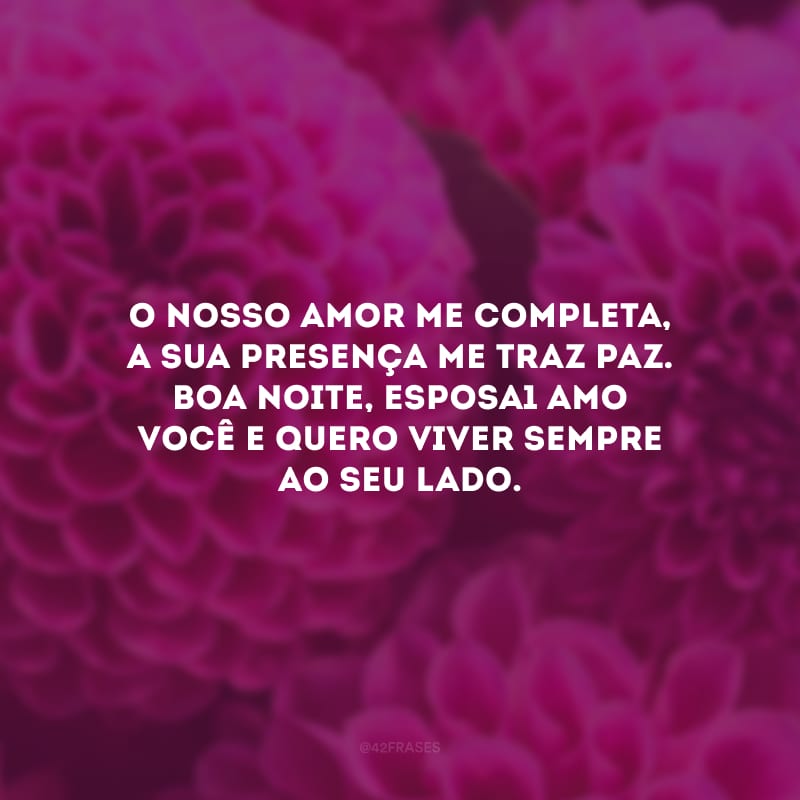 O nosso amor me completa, a sua presença me traz paz. Boa noite, esposa1 Amo você e quero viver sempre ao seu lado.