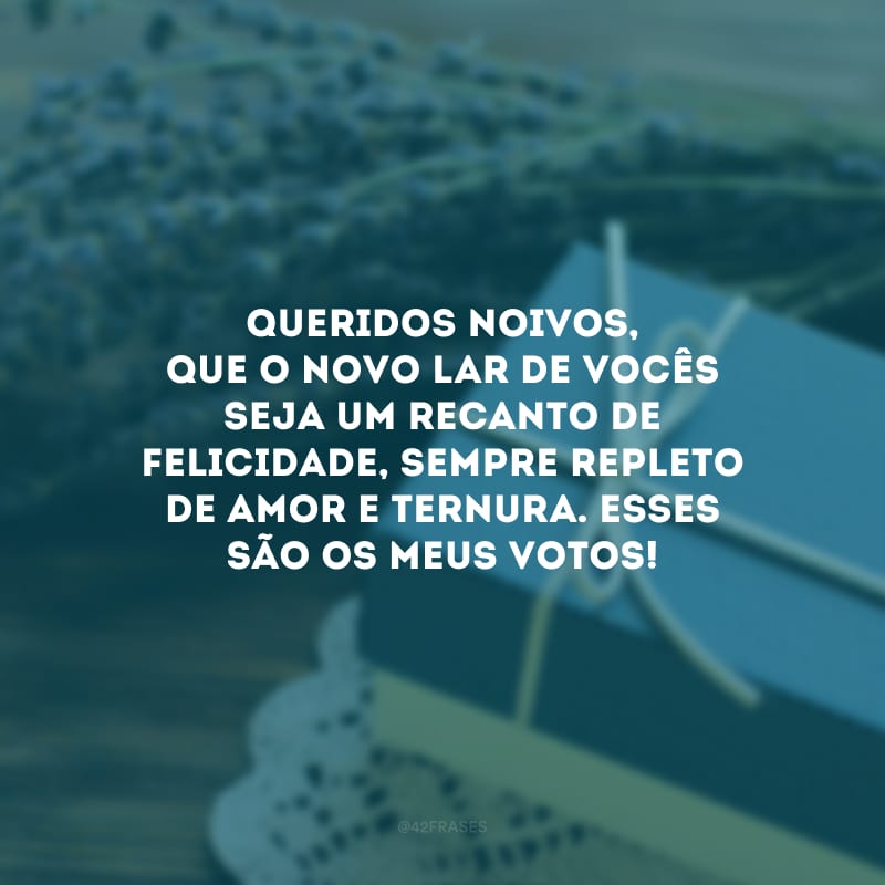 Queridos noivos, que o novo lar de vocês seja um recanto de felicidade, sempre repleto de amor e ternura. Esses são os meus votos!