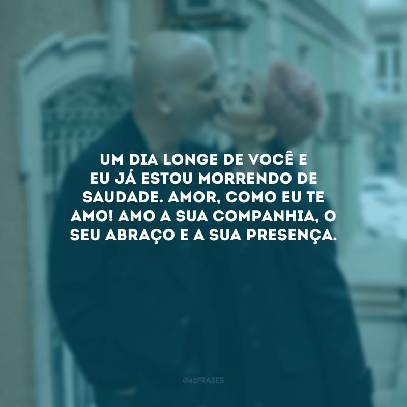 Um dia longe de você e eu já estou morrendo de saudade. Amor, como eu te amo! Amo a sua companhia, o seu abraço e a sua presença.