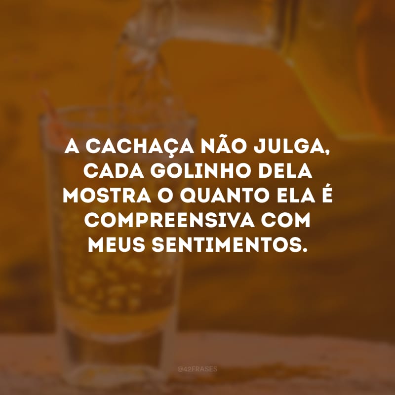 A cachaça não julga, cada golinho dela mostra o quanto ela é compreensiva com meus sentimentos. 